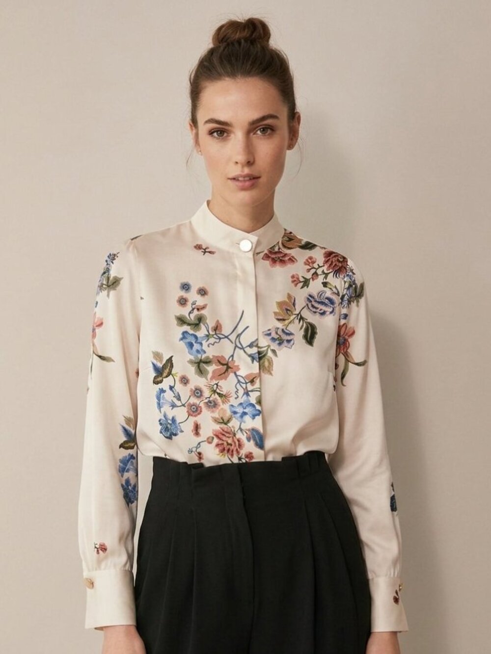 Massimo Dutti 100% Viscose Botanical Floral Print Satin Blouse Size 6
